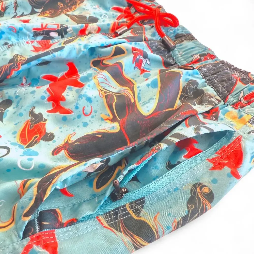 Rare Balls Beachwear Dive School Blue‎ Ocean Print Swim Trunks Barstool Sports L